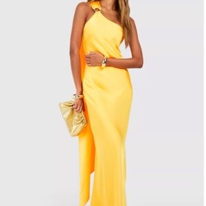Boohoo Gold Satin Draped Shoulder Dress